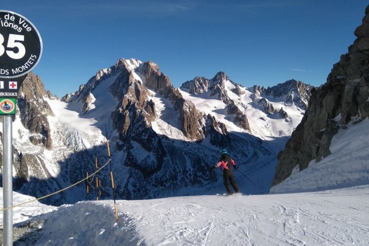 A skier at Les Grands Montets ski area in Chamonix